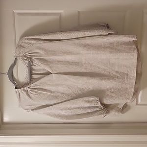 Flowy Pinstriped Long-Sleeve Blouse with Ruffle Detail at Neckline, Size Large